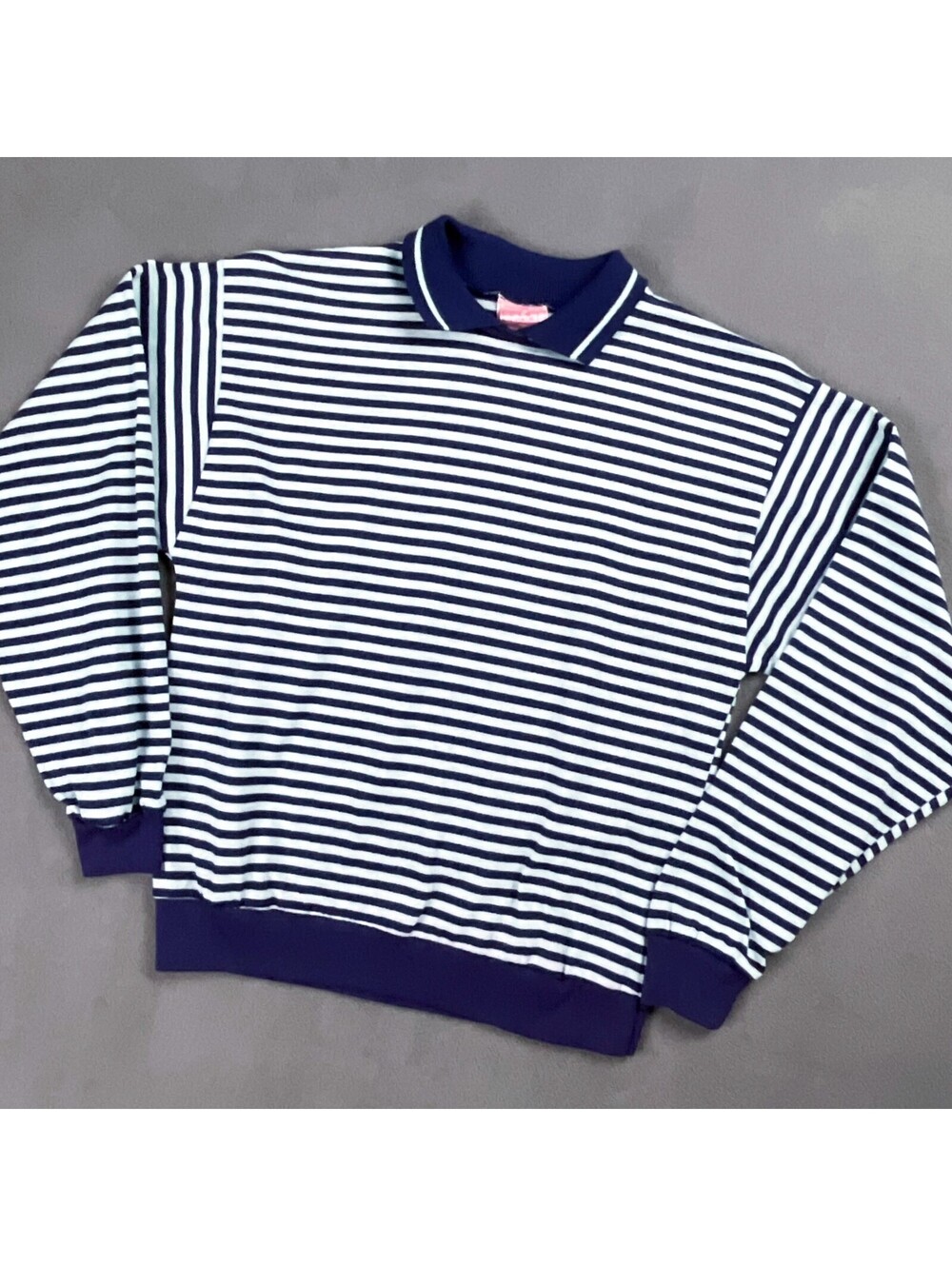 70's Striped Sweater, Blue Tones Fine Knit Collared Pullover